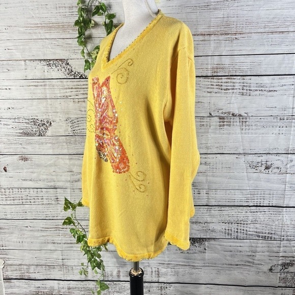 The Quacker Factory Sweater Plus size 1X Yellow Butterfly Sequins Beads Summer - Picture 12 of 15